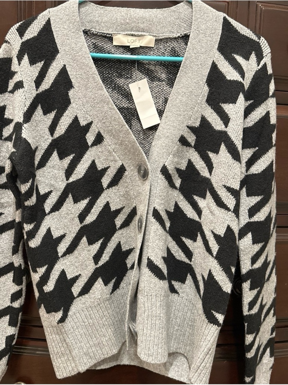 LOFT Black and Gray Houndstooth V-Neck Cardigan
